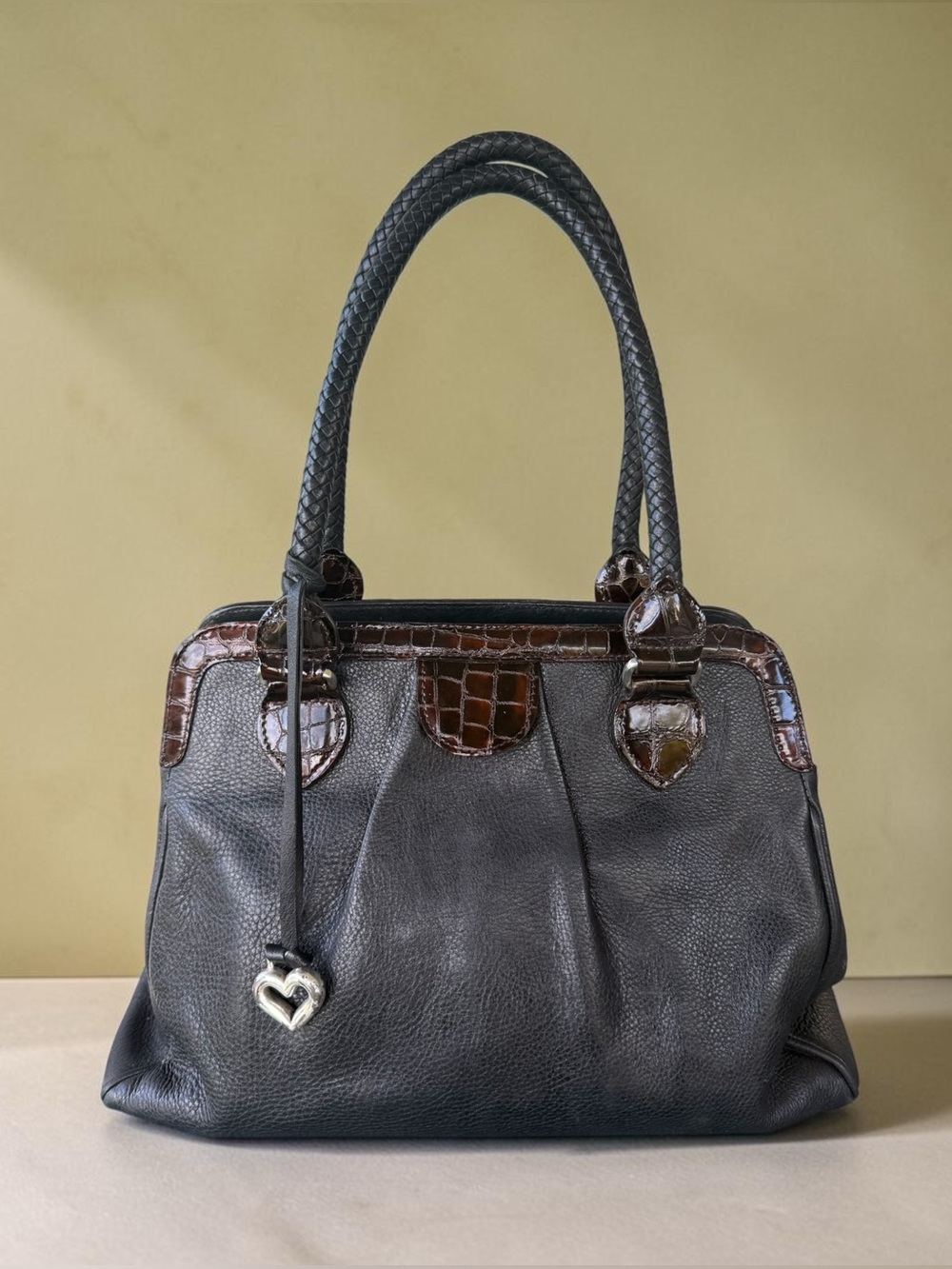 Brighton Black Pebbled Leather Satchel | Croc Embossed Trim | Heart Charm